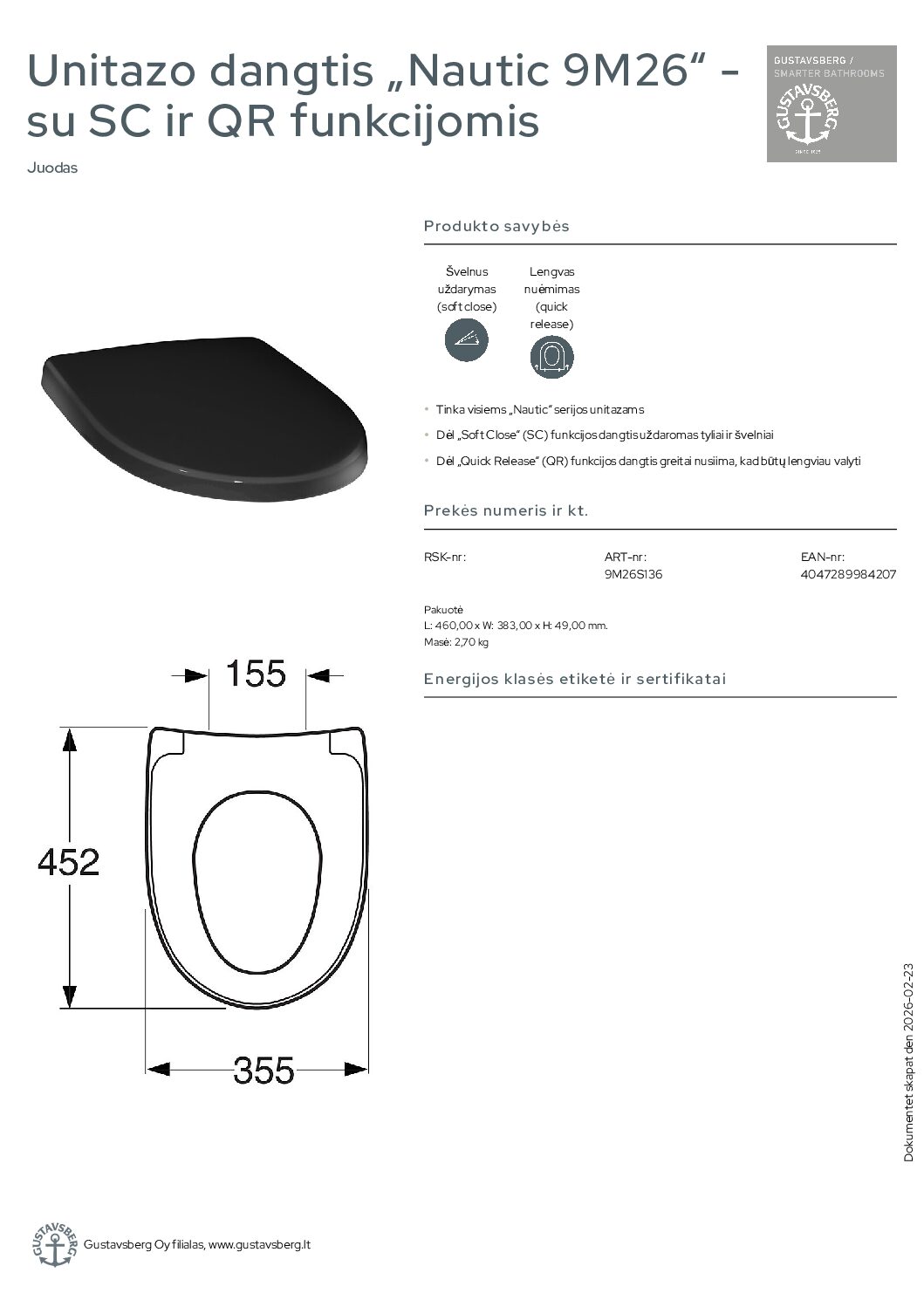Unitazo dangtis „Nautic 9M26“ - su SC ir QR funkcijomis